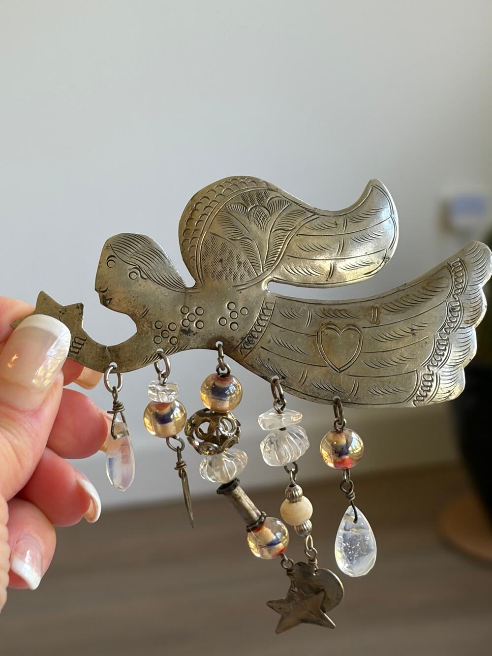 Large VTG folk art angel brooch 4" silver tone dangle charm celestial star
